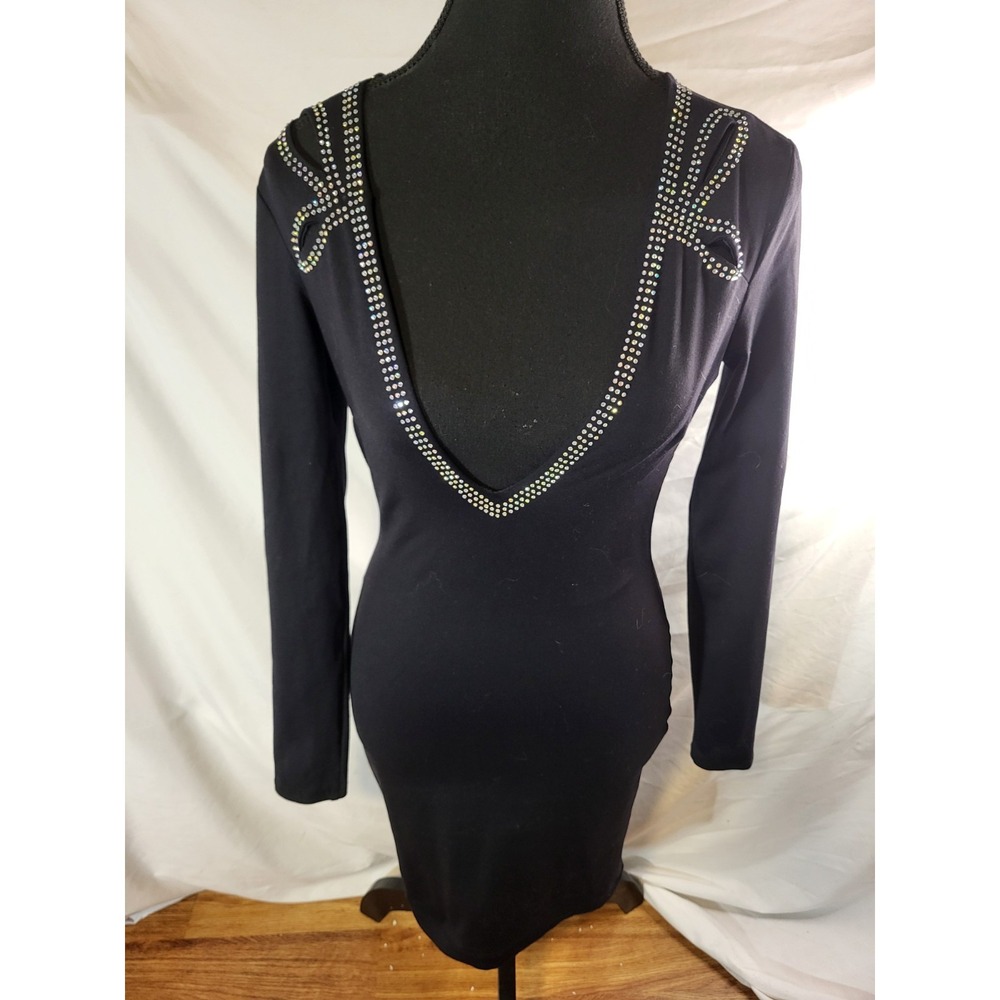 Vtge Y2K Bebe Size XS Black L/S Bodycon Dress Rhinestones